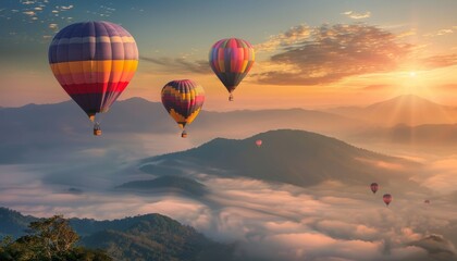 Fototapeta premium Sunrise Spectacle: Colorful Hot Air Balloons Dance Over Phucheefa Mountain in Chiang Rai, Thailand