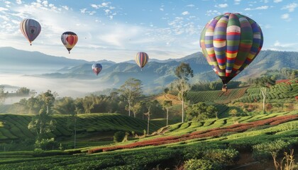 Fototapeta premium Skyward Symphony: Vibrant Hot Air Balloons Soar above Doi Ang Khang Tea Plantation, Chiang Mai