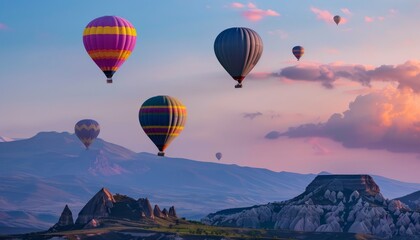 Fototapeta premium Vibrant Hot Air Balloons Soaring Above the Mountain Peaks -- AR 7:4