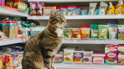 A cat sitting near a pet food shelf in a pet store, surrounded by various colorful packages without any visible brand logos, isolated on a white background