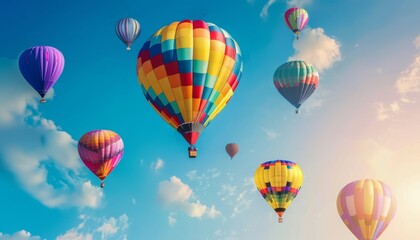 Fototapeta premium In awe of vibrant hot air balloons ascending gracefully into the sky