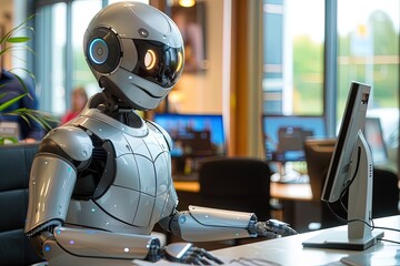 A humanoid robot in an administration office working behind a service desk.