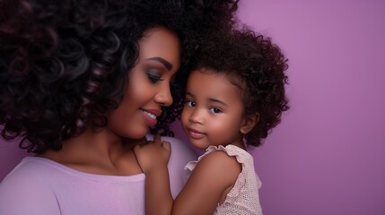 Obraz premium Portrait of a beautiful African woman with her young daughter leaning on her shoulder against a purple background.