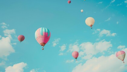 Fototapeta premium Vibrant Hot Air Balloons Soaring in the Blue Sky - AR 7:4