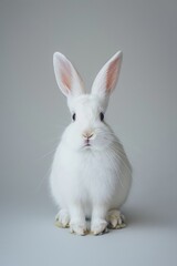 Obraz premium A cute fluffy white rabbit sitting calmly, facing the camera with attention and curiosity. 