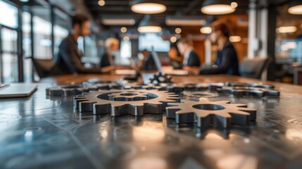  Teamwork in an office setting with gears symbolizing collaboration