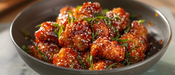 Fototapeta premium Szechuan-Style Cauliflower Bites Crispy Florets in Spicy Glaze