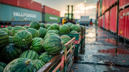 Packed crates of watermelons on a loading dock, with shipping containers and a forklift in the background