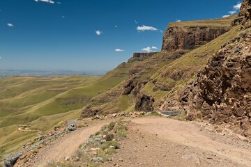 View while driving from Sani Pass (2,876 meters) to the Drakensberg mountain range and the countryside of KwaZulu-Nathal province. Republic of South Africa. Africa.