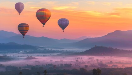 Fototapeta premium Vibrant Hot-Air Balloons Soar Over Enchanting Chiang Mai Sunrise