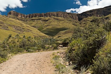 View while driving from Sani Pass (2,876 meters) to the Drakensberg mountain range and the countryside of KwaZulu-Nathal province. Republic of South Africa. Africa.