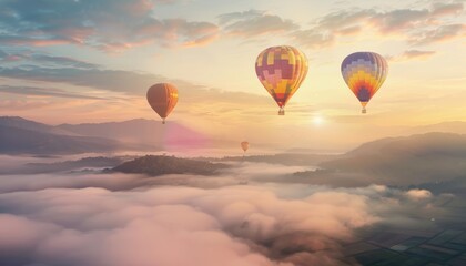Obraz premium Sunset Serenade: Chiang Mai's Colorful Hot-Air Balloons Soar over the Clouds