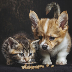 Obraz premium A close-up of a kitten and puppy eating side by side on an isolated solid background, in the corner of the image