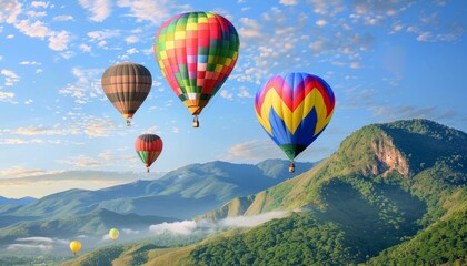 Naklejka premium Rainbow Skies: Stunning Hot-Air Balloons Soaring Over the Mountain
