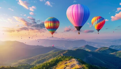 Naklejka premium Ascending Splendor: A Spectacle of Colorful Hot-Air Balloons Soaring Over the Mountains - AR 7:4