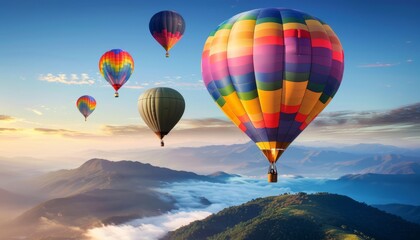 Fototapeta premium Vibrant Skyline: A Spectacular Display of Colorful Hot-Air Balloons Soaring Over the Mountain - AR 7