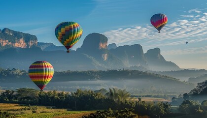 Fototapeta premium Vibrant Skies: Hot-Air Balloons Soaring over Phucheefa Mountain in Chiangrai, Thailand