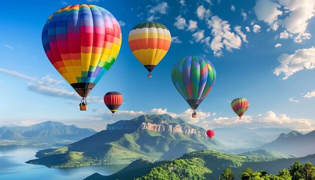Vibrant Hot-Air Balloons Soaring above the Majestic Mountain Range - AR 7:4