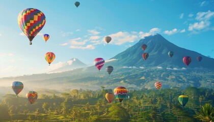 Fototapeta premium Journey of Vibrant Hot-Air Balloons: A Spectacular View of Bali's Mountains