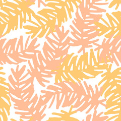 Pastel pink orange palm leaves on a white background seamless pattern. Hand drawn tropical leaves summer jungle print.