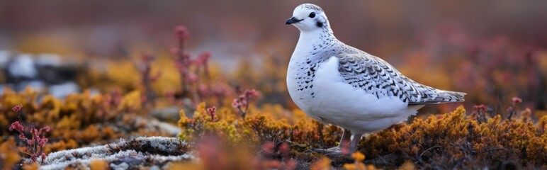 A rock ptarmigan standing on a rock in the tundra