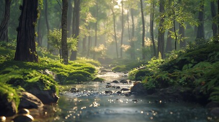 Fototapeta premium A cascading stream flowing through a moss covered forest with sunlight streaming through the canopy
