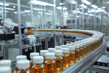 Factory robots handling vials, bright and sterile production area, HD photograph.