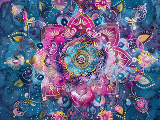 Intricate bohemian mandala design in rich jewel tones, intricate patterns and vibrant colors.