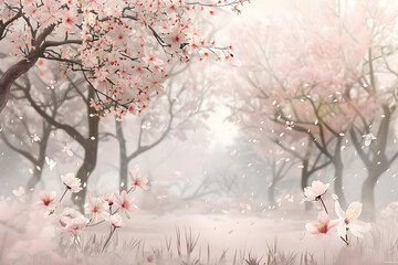 Fototapeta premium Cherry blossom garden in full bloom, delicate blooms filling the air with their sweet fragrance. Serene floral sanctuary
