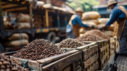 Warehouse workers loading crates filled with coffee beans onto a truck, detailed scene with raw textures