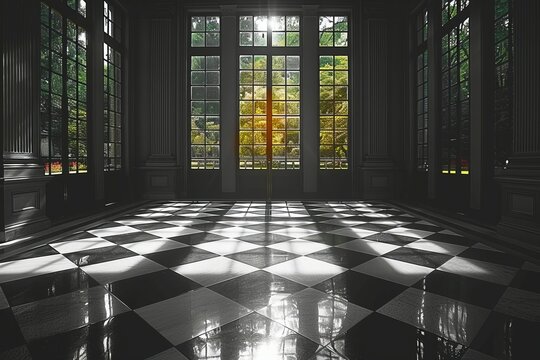perspective of elegance Tall black steel framed BEAUX ARTS style, reflextion, mood