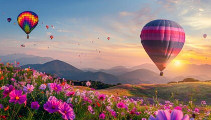 Fototapeta premium Sunset Magic: Vibrant Cosmos Flowers and Hot Air Balloons in a Field of Dreams