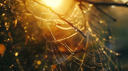 A close up of dew drops on a spiderweb, sparkling in the morning of sunlight