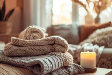 House figure, soft blankets and sweaters on table, efficient heating.