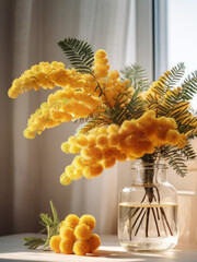 Radiant ravishing fresh mimosa flowers bouquet in the vase	