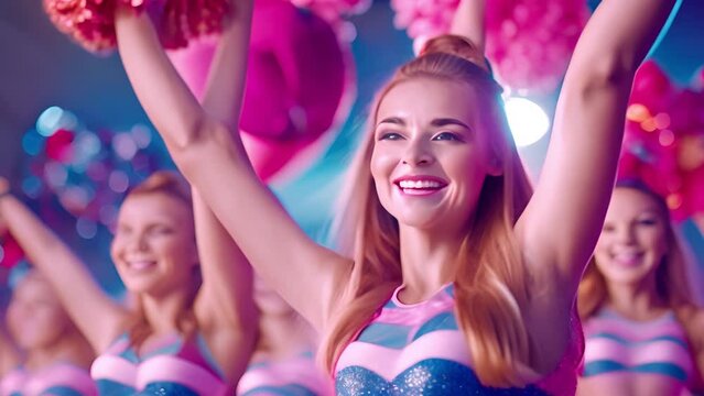 Young cheerleaders compete in the cheerleading competition, athletes perform on stage, and girls hold pompons.