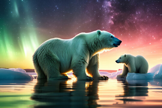 Landschaft mit bunten Nordlichtern und Eisb&auml;ren im Eis
