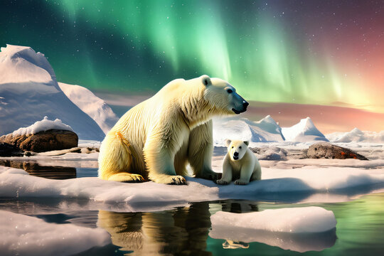 Landschaft mit bunten Nordlichtern und Eisb&auml;ren im Eis