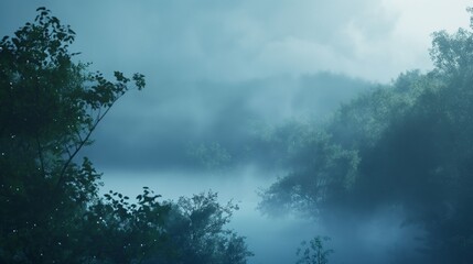 Naklejka premium A dense fog rolling over a tranquil forest, creating an ethereal atmosphere