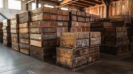 Stacked wooden crates filled with assorted pasta varieties, ready for shipment, set in a rustic warehouse