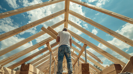 Fototapeta premium Carpenter at Work, Unloading Rafters for a Timber Roof Truss
