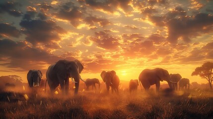  A group of elephants grazing peacefully in a savanna, with a setting sun casting a golden glow