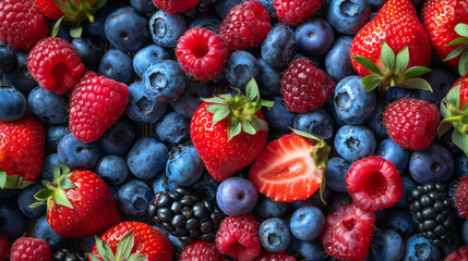 Fototapeta premium A scattering of fresh blueberries and red strawberries fills a small bowl