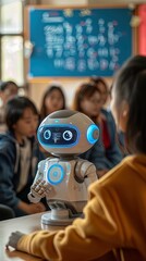 Humanoid robot teacher with human students in class.
