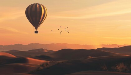 Fototapeta premium Sunrise Over the Desert: A Magical Hot Air Balloon Adventure