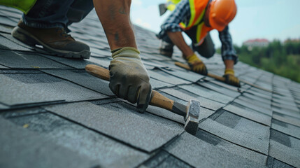 Roofer worker in special protective work wear and gloves, installing asphalt or bitumen shingle on top of the new roof under construction residential building