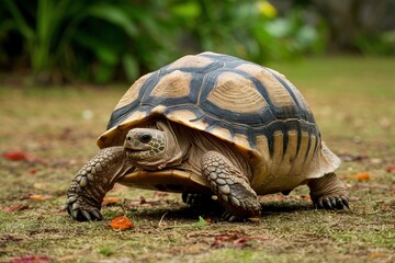 Obraz premium Radiated tortoise walking on ground, Astrochelys radiata. Critically endangered tortoise species