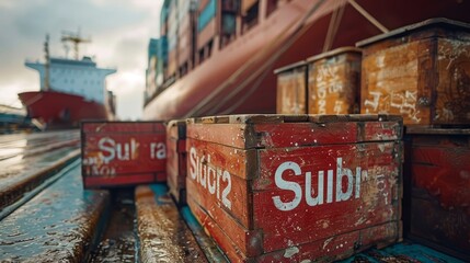 Row of crates marked 'sugar', neatly packed and lined up on a shipping dock, with a cargo ship in the background