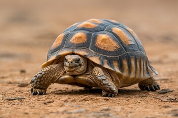 Fototapeta premium Radiated tortoise walking on ground, Astrochelys radiata. Critically endangered tortoise species