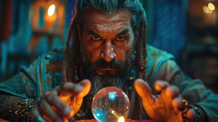 A mysterious fortune teller with intense eyes gazes into a crystal ball, casting predictions. The ambient light adds to the mystical atmosphere